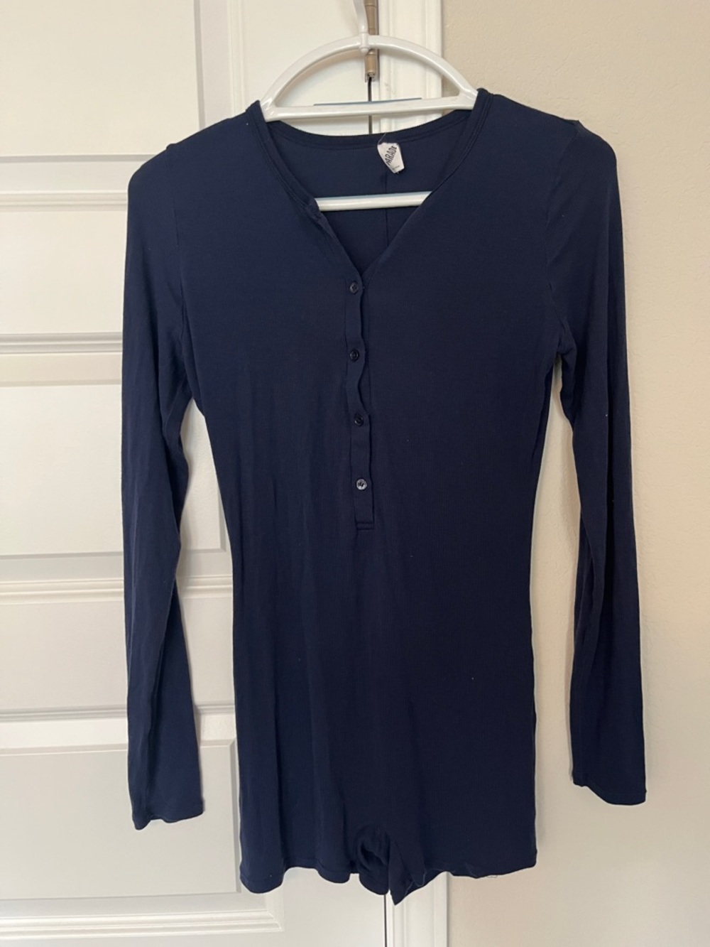Women’s Navy Long-Sleeve Ribbed Henley Bodysuit